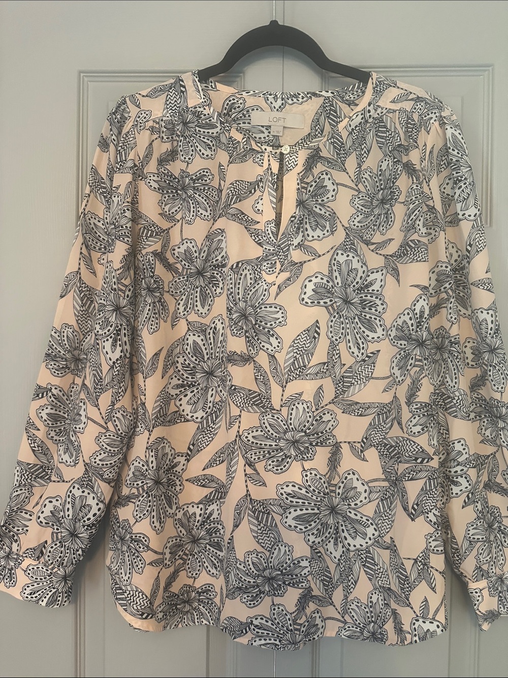LOFT Cream Blouse with Black Floral Print